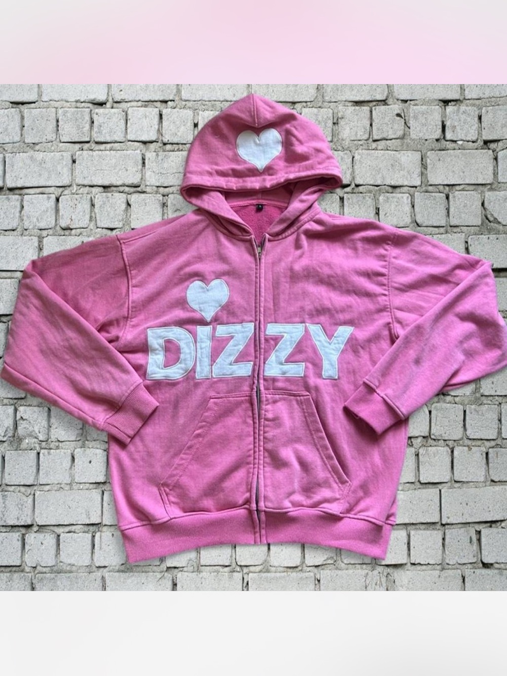 Large Dizzy Dyl Pink Zip-Up Hoodie with white heart